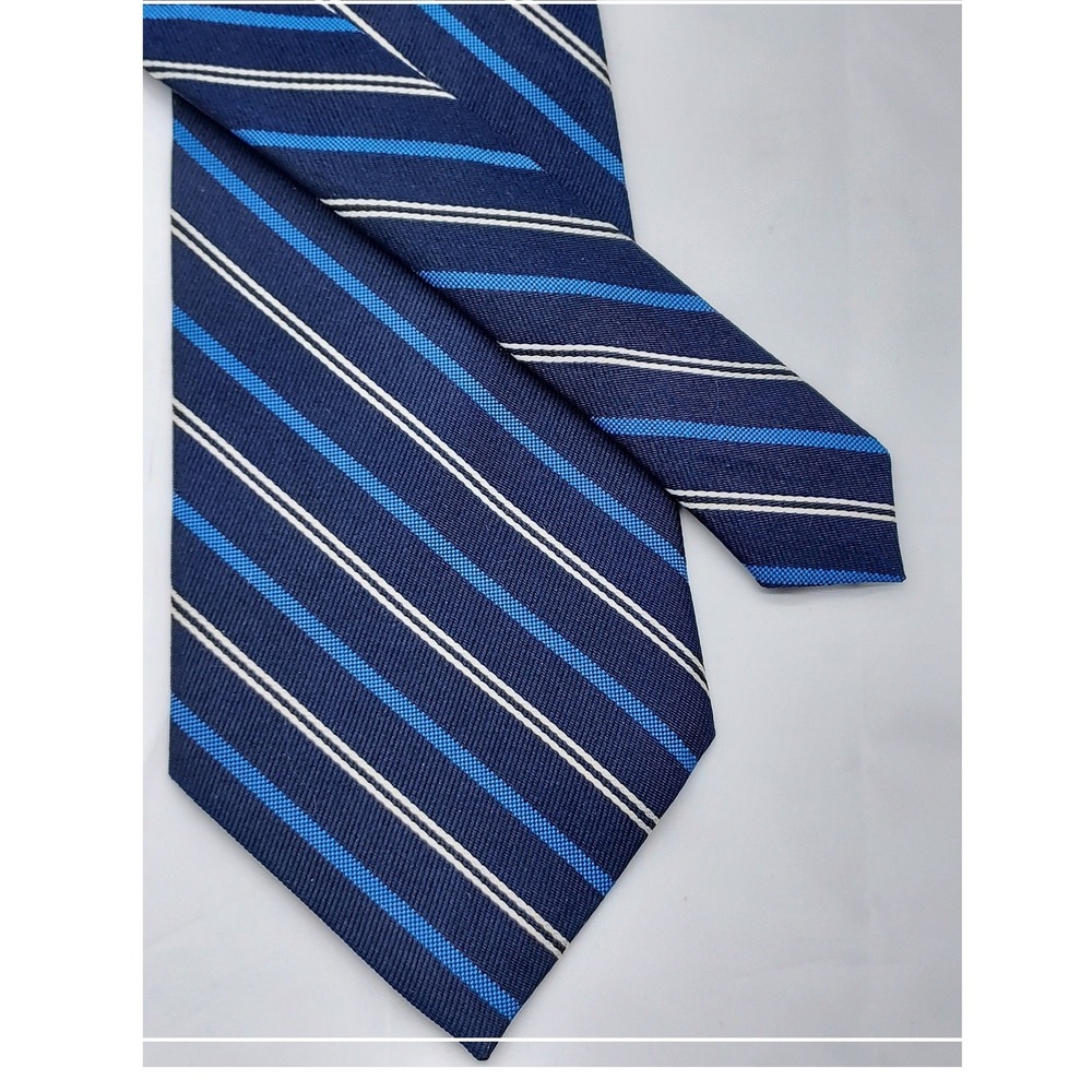Lauren Ralph Lauren Mens Silk Necktie Navy Blue Light Blue White Striped Tie 58"